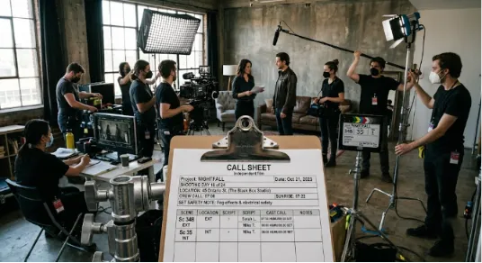 A futuristic sci-fi operations base or film set on a craggy alien planet surface, featuring a weathered call sheet clipboard for "Project: Nova Frontier" in the foreground.
