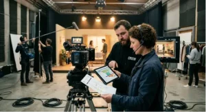 A production crew manager and assistant director analyzing a digital shooting schedule on a tablet inside a film studio.