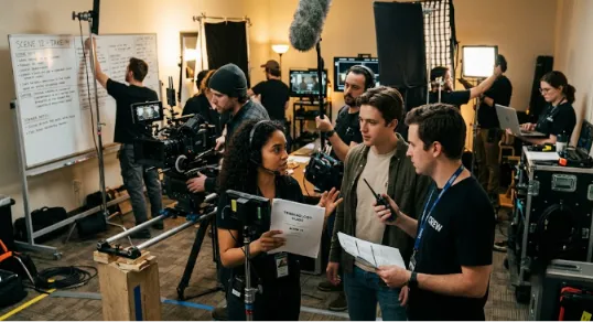 A busy film set interior with a director, crew members, and actors discussing a scene. A large camera rig is on a dolly, a boom microphone is extended overhead, and a production assistant holds a "TERMINOLOGY GUIDE" document. A crew member writes scene notes on a whiteboard in the background.