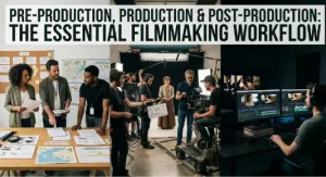 A 3-section photographic infographic depicting pre-production with a planning crew, production on a period-piece film set, and post-production with an editor. Text at the top reads: PRE-PRODUCTION, PRODUCTION & POST-PRODUCTION: THE ESSENTIAL FILMMAKING WORKFLOW.