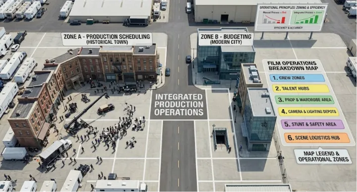 An aerial map diagram of a studio backlot illustrating "Integrated Production Operations" with six color-coded zones: 1. Crew Zones, 2. Talent Hubs, 3. Prop & Wardrobe Area, 4. Camera & Lighting Depots, 5. Stunt & Safety Area, and 6. Scene Logistics Hub.