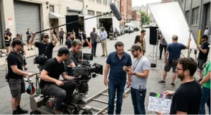 A high-resolution photo of a busy outdoor film set, with crew members setting up and filming on a city street location.