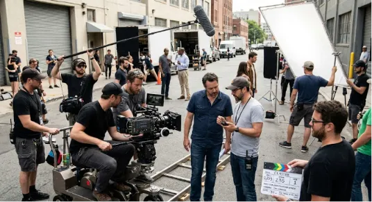 A high-resolution photo of a busy outdoor film set, with crew members setting up and filming on a city street location.