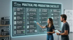 A man and woman review a large, glowing digital transparent screen displaying a structured "Practical Pre-Production Checklist." The list has four categories: Creative Prep, Logistics & Resourcing, Technical Planning, and Admin & Communications, with various sub-tasks and icons under each. The woman points to a task with a stylus. Two physical film clapperboards are nearby.