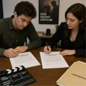 Two filmmakers signing film production agreements on a wooden desk next to a production clapperboard and a confidential script folder.