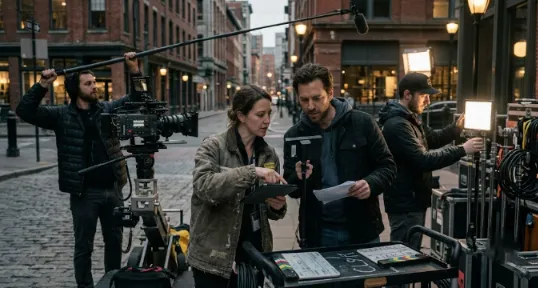 A professional film crew on an outdoor city street set, with a director and producer reviewing a script and tablet while a camera operator and boom mic holder prepare a shot.
