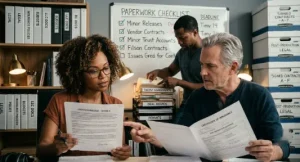 Two people in the foreground collaborate at a desk, with one pointing to a location release form and another holding an insurance certificate, while a third person processes folders at a shelf in an office filled with organized binders and boxes.