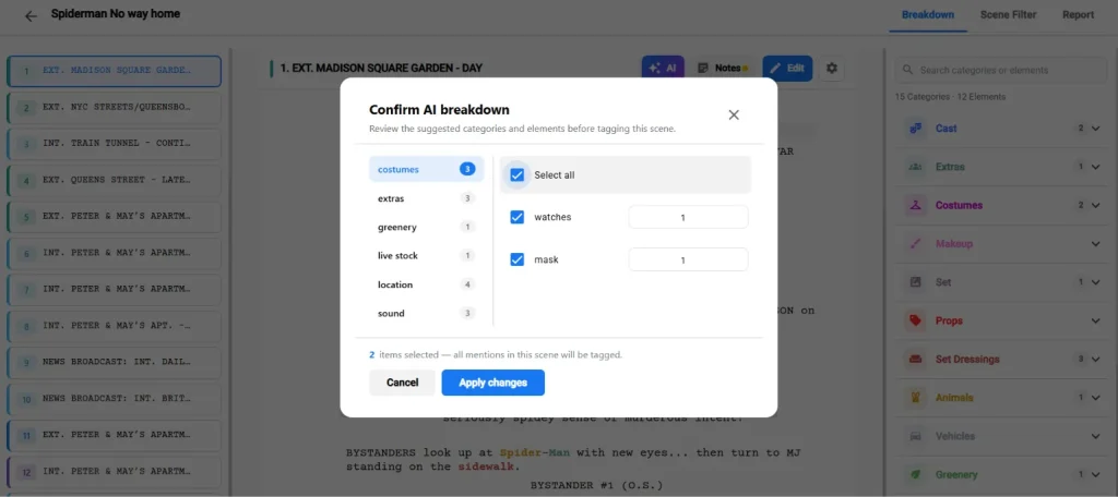AI screenplay breakdown tool popup window confirming tagged elements like costumes, watches, and masks for automated scene analysis.