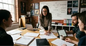 A group of people around a wooden desk, collaborating on a project with a woman pointing at a paper, and a white board in the background.
