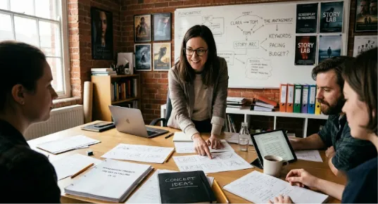 A group of people around a wooden desk, collaborating on a project with a woman pointing at a paper, and a white board in the background.