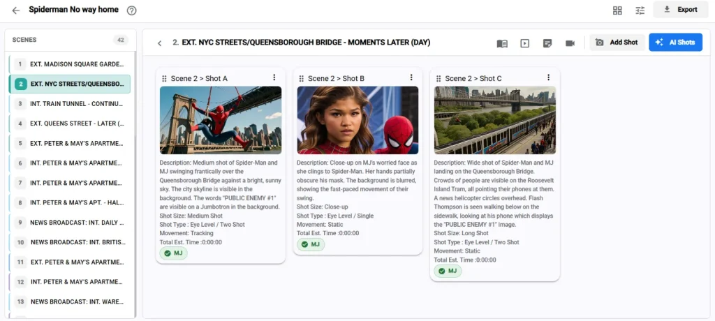 Digital pre-production software showing scene panels for a film, complete with character tags, shot sizes, camera movement, and descriptive notes.