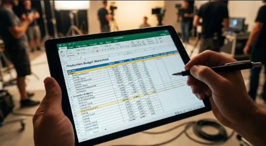 A close-up of a person holding a tablet showing a film budget template spreadsheet on an active movie set with a blurred background of crew and cameras.