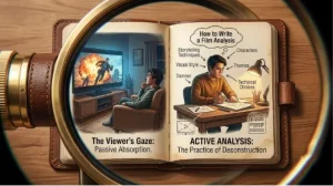 A view through a vintage movie camera viewfinder showing a split image: a man passively watching an action film vs. the same man actively analyzing film techniques at a desk.