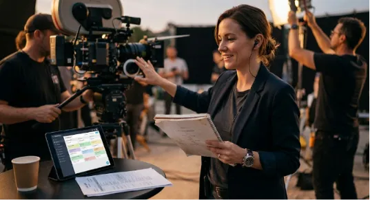 A female film producer on a movie set at sunset. She's dressed in a blazer, holding papers and looking at a large film camera while directing. In front of her is a small table with a coffee cup and a tablet displaying the Studiovity app, used for digital production management. Other crew members are in the background working on lighting and sound.