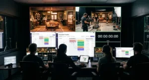 A back-view photo of four crew members in a multi-screen control room. The large video wall displays multi-camera live feeds of a vintage cafe set from image_0.png and image_1.png, and colorful 'Studiovity' project management dashboards, all in real time. A digital 'Studiovity' logo sign is on a side desk.