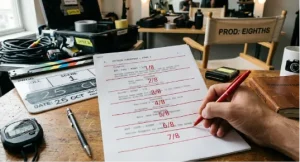 Close-up of a hand marking a script page into eight horizontal lines, surrounded by a film clapperboard, stopwatch, and production gear.