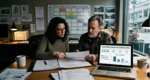 Two filmmakers reviewing a film budget spreadsheet and charts on a laptop inside a production office.