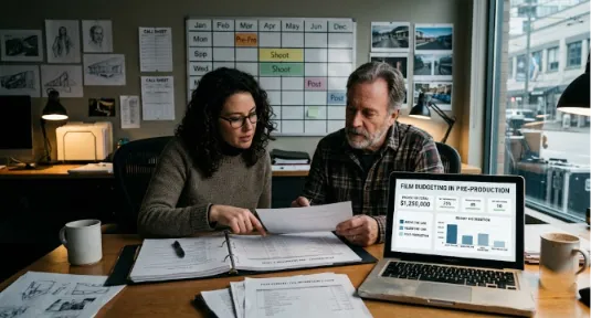 Two filmmakers reviewing a film budget spreadsheet and charts on a laptop inside a production office.