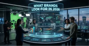 Professionals in a high-tech control room interacting with a futuristic circular holographic interface displaying streaming and demographic data analysis for product placement campaigns.