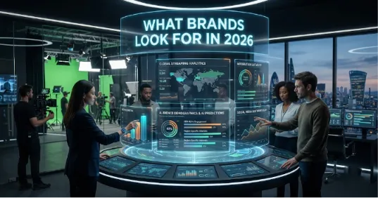 Professionals in a high-tech control room interacting with a futuristic circular holographic interface displaying streaming and demographic data analysis for product placement campaigns.