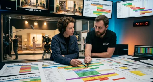 Production coordinators tracking television cast availability and multi-episode shooting schedules on large color-coded calendars.