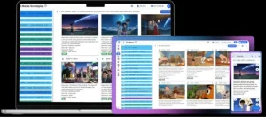 A laptop, tablet, and smartphone displaying a modern film production software interface featuring digital storyboards, scene lists, and shot planning modules.