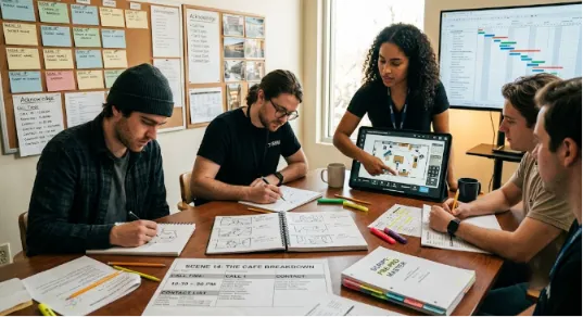 A diverse team of five creative professionals seated around a large wooden table, working on pre-production planning for a film. In front of them are sketchpads, notebooks with storyboards, colorful markers, pens, and paper documents. A man in a black beanie sketches on a pad. A woman points at a digital floor plan on a tablet. Behind them is a large wall with a corkboard covered in pinned papers and a calendar. A large monitor displays a complex Gantt chart schedule.