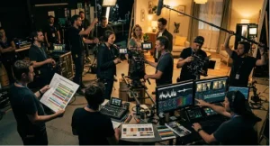 A high-angle view of a busy movie set where post-production editors work on monitors with color grading software alongside camera crews, directors, sound operators, and actors collaborating in a studio setting.