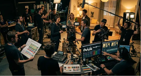A high-angle view of a busy movie set where post-production editors work on monitors with color grading software alongside camera crews, directors, sound operators, and actors collaborating in a studio setting.