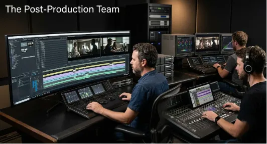A clean, professional image of a film post-production studio, with an editor working at a desk with a large, ultra-wide monitor displaying editing software and footage.