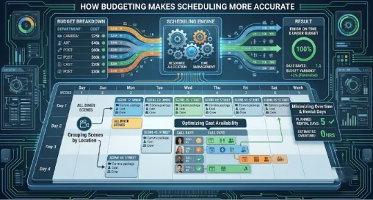 A digital blueprint diagram illustrating how film pre-production budgeting automates resource allocation and script scheduling.