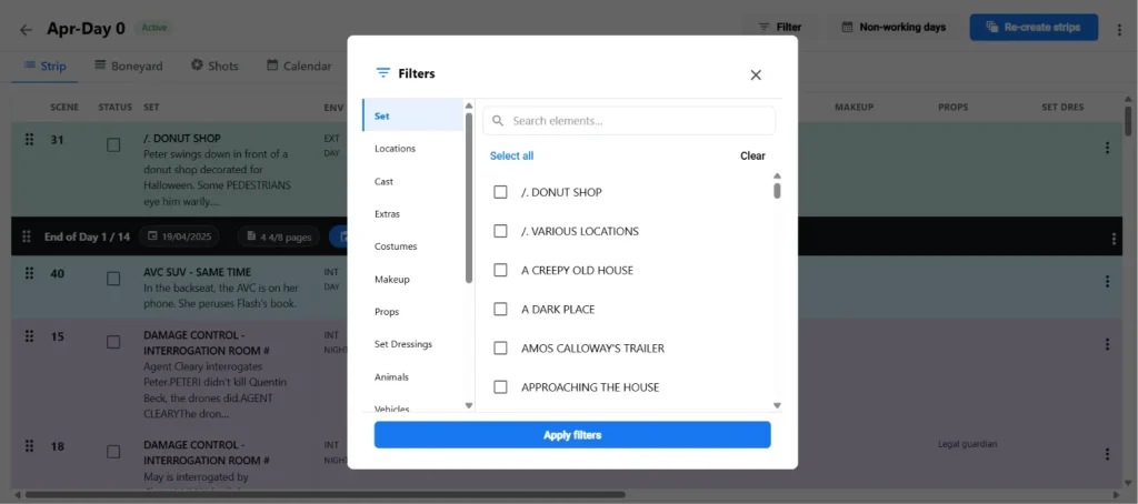 Script breakdown filter menu displaying production categories like Set, Locations, Cast, and Costumes to organize shooting strips.