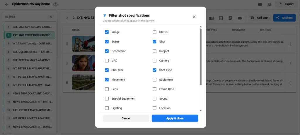A configuration pop-up menu within a storyboard tool showing customizable options like VFX, lighting, shot size, and camera lenses.