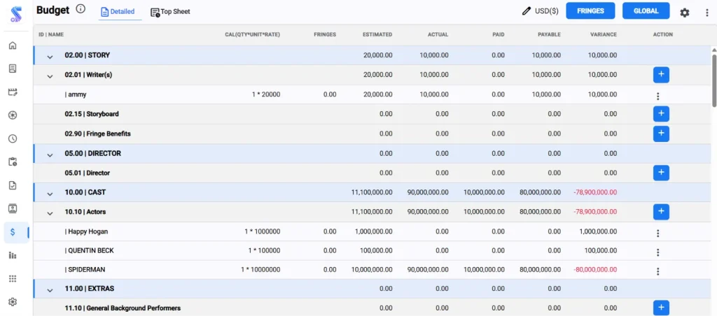 Screenshot of the Studiovity budgeting tool showing detailed financial categories, estimated costs, actual expenses, and variance for a film project.