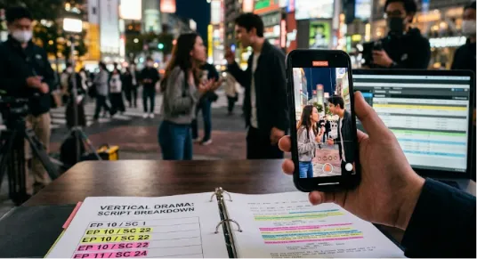 A close-up of a hand holding a smartphone recording a vertical video format scene. In the blurry background, a man and woman act out an intense conversation on a busy city street at night. In the foreground, an open binder titled "Vertical Drama: Script Breakdown" lies on a wooden table alongside a laptop screen displaying production schedules.