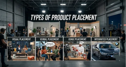 A studio setting split into four sections detailing Visual, Verbal, Usage, and Integrated product placement techniques.