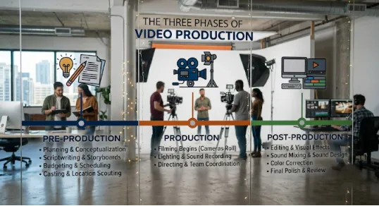 A group of diverse creative professionals collaborating in a video studio, using a large touch-screen tabletop to manage a Free Video Production Timeline for their project.