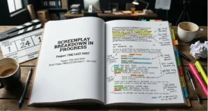 An open notebook showing a detailed screenplay breakdown with handwritten notes and colorful highlights on a wooden table, next to a clapperboard and office supplies.