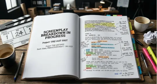 An open notebook showing a detailed screenplay breakdown with handwritten notes and colorful highlights on a wooden table, next to a clapperboard and office supplies.