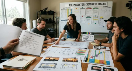 A group of filmmakers sits around a desk covered in scripts, architectural blueprints, storyboards, and headshots. A woman in the center points aggressively at a blueprint, leading a discussion with four other male colleagues. Behind her is a large whiteboard with notes like "Pre-Production: Creating the Possible," "Script Breakdown," and "Casting," along with a physical calendar. A film camera is on a shelf in the background.
