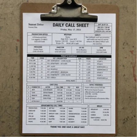 A formal film production daily call sheet template on a metal clipboard showing shooting schedules and crew arrival times.