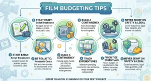 An infographic detailing film budgeting tips, including script breakdown, researching costs, building a contingency fund, tracking expenditures, prioritizing essentials, and safety and legal considerations.
