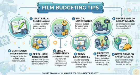 An infographic detailing film budgeting tips, including script breakdown, researching costs, building a contingency fund, tracking expenditures, prioritizing essentials, and safety and legal considerations.