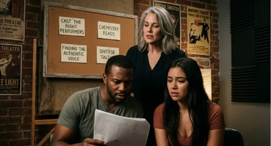 An older woman stands behind two seated actors who are focused on performance notes from a script in a studio with exposed brick walls, vintage theatre posters, and a corkboard.
