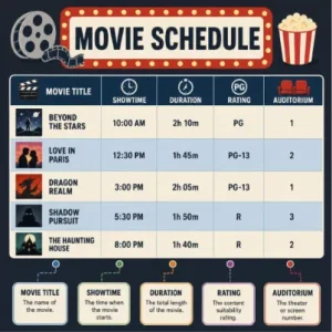 Illustrative infographic of a cinema movie schedule template showing titles, showtimes, and durations.