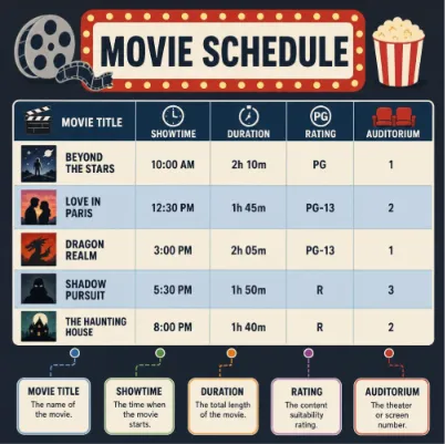 Illustrative infographic of a cinema movie schedule template showing titles, showtimes, and durations.