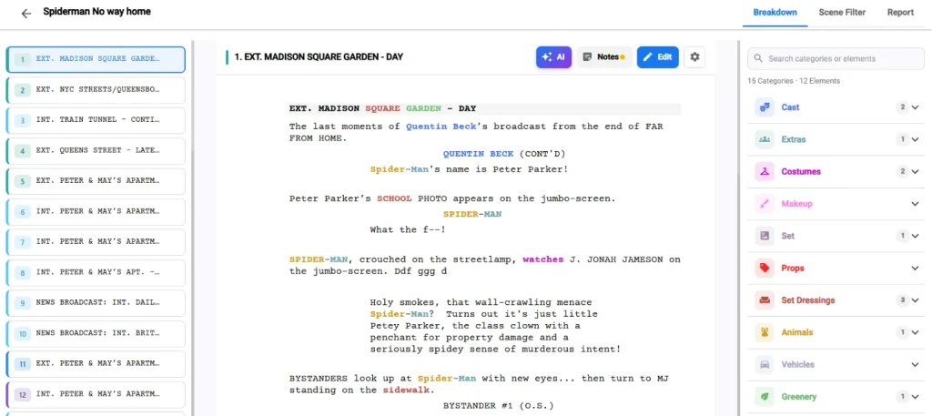 Studiovity script breakdown software interface showing a Spiderman screenplay with color-coded production categories like cast, costumes, and props on the right panel.
