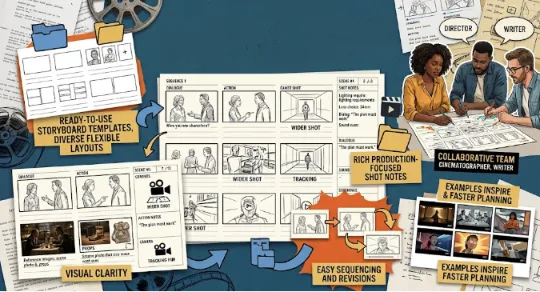 A visual collage illustrating an efficient storyboard creation workflow, featuring ready-to-use templates, production shot notes, scene panels, and collaborative filmmaking teams.