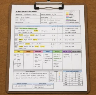 A detailed film script breakdown sheet template with colored highlights on a wooden clipboard.