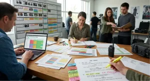 A group of filmmakers at a conference table with a whiteboard and laptop conducting a script breakdown, using highlighters and organizational tags to categorize script elements.